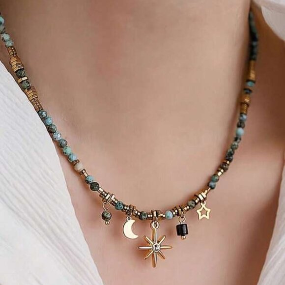 Celestial Charm Beaded Necklace – Moon, Star & Sunburst - Picture 2 of 3